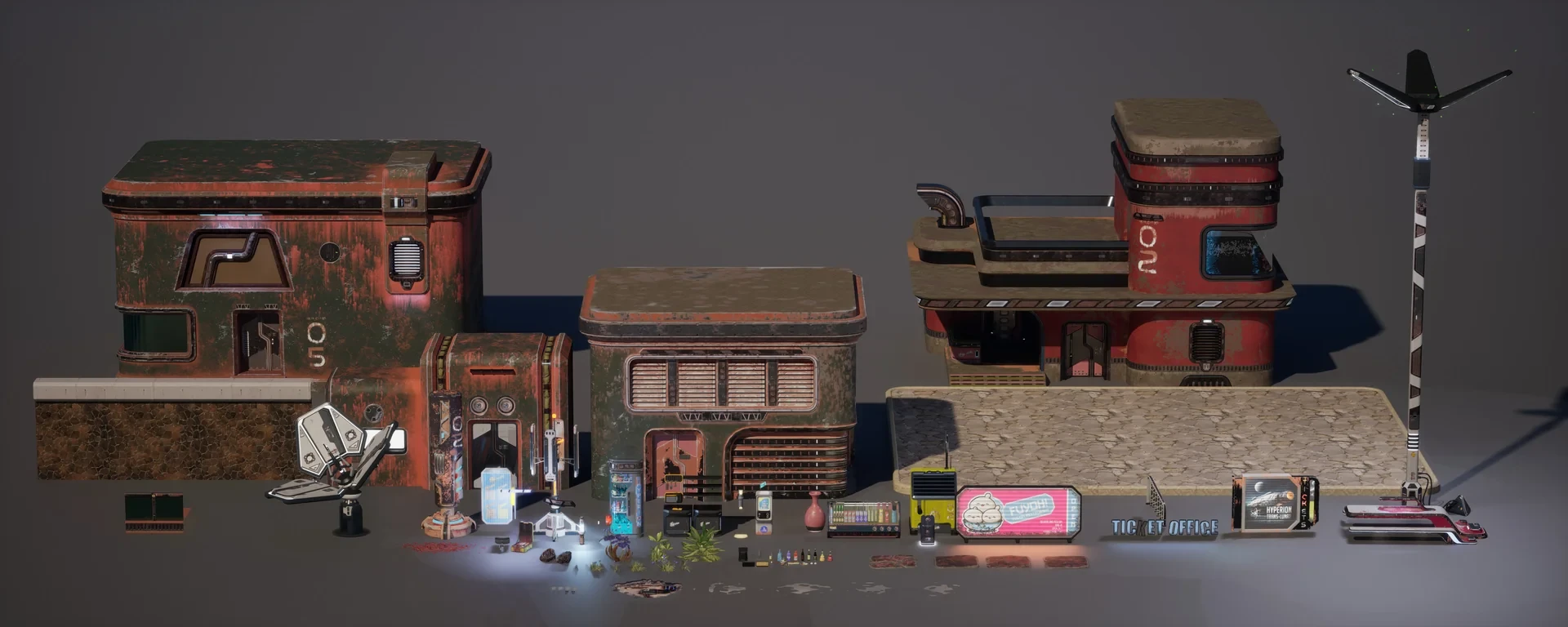 Full FUYOH asset lineup with building modules, wall sections, a streetlight, signs, equipment, small props, and foliage on a neutral background