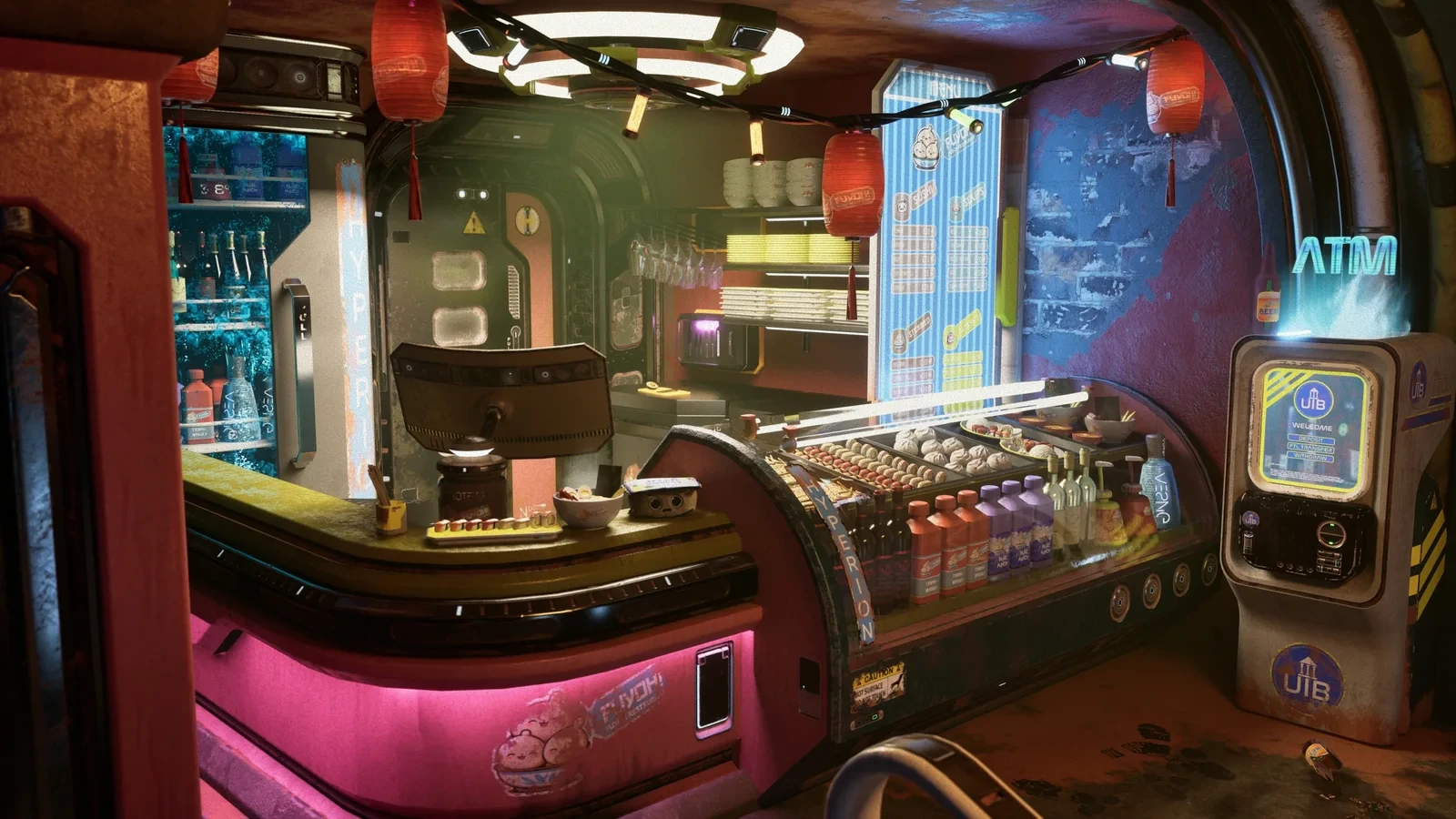 FUYOH counter with food displays, drinks, hanging lanterns, glowing signage, and an ATM