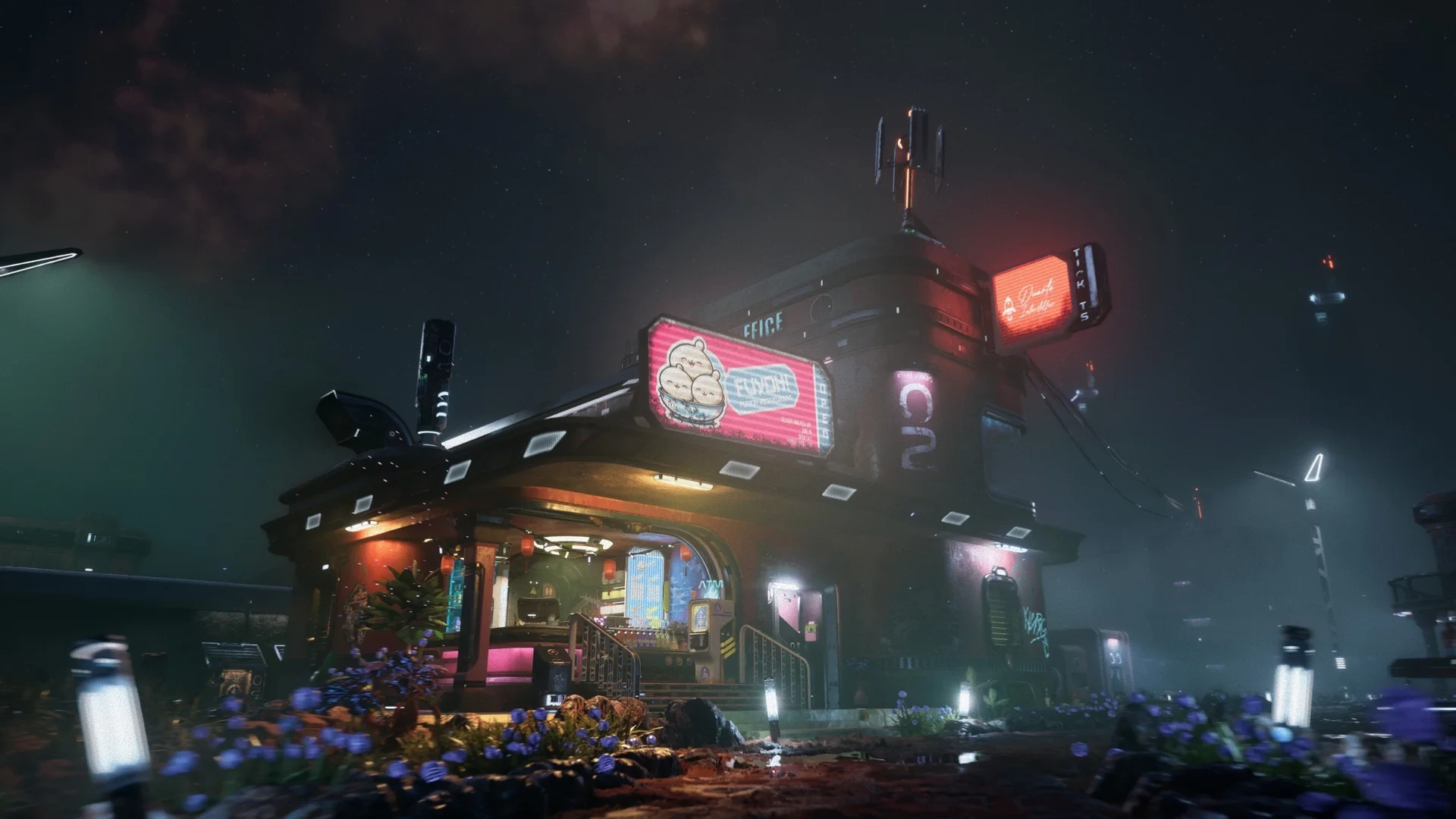 The approach to FUYOH Restaurant at night, with neon signage, wet ground and path lights