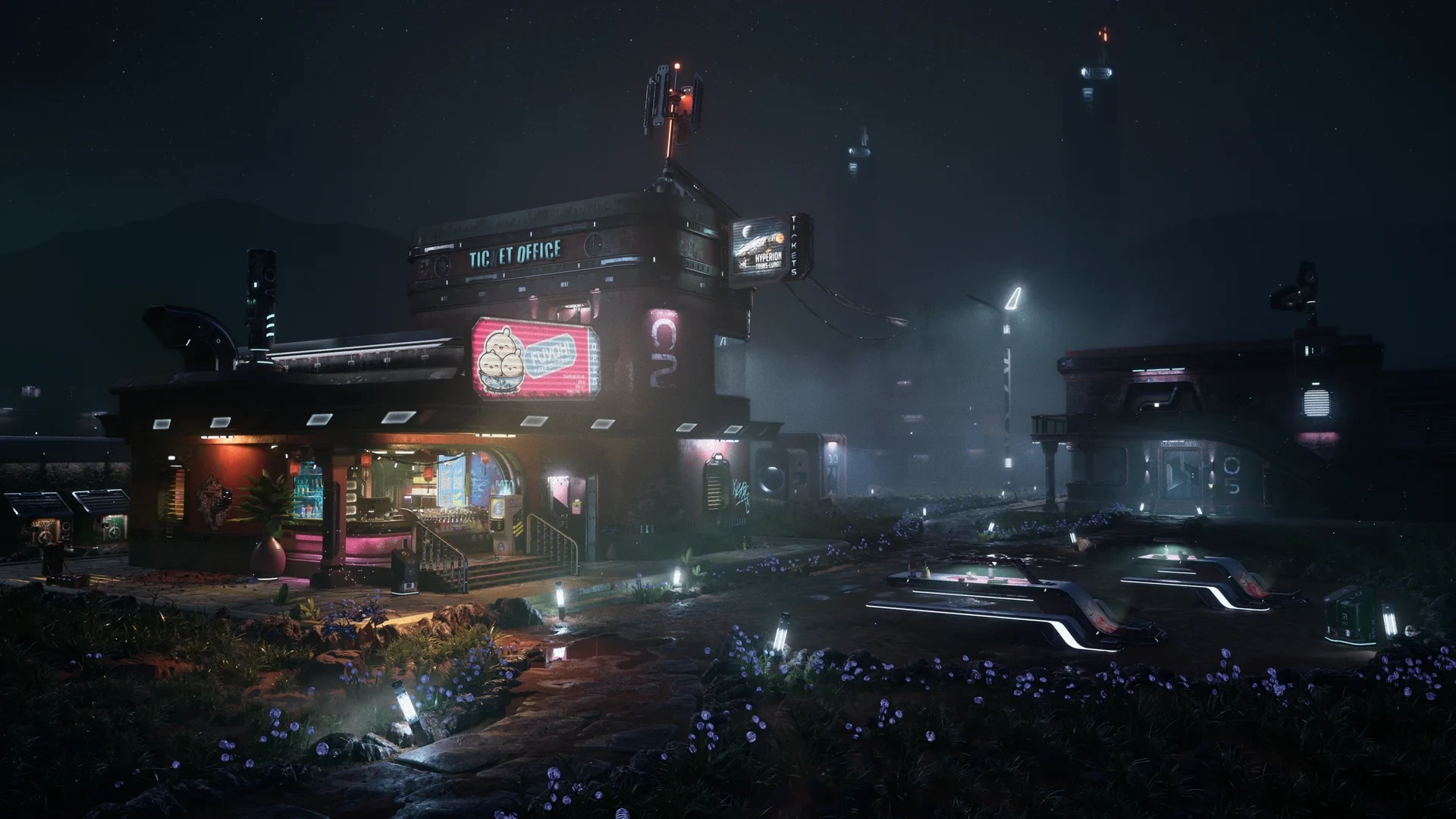 A neon-lit restaurant with weathered architecture and glowing plants