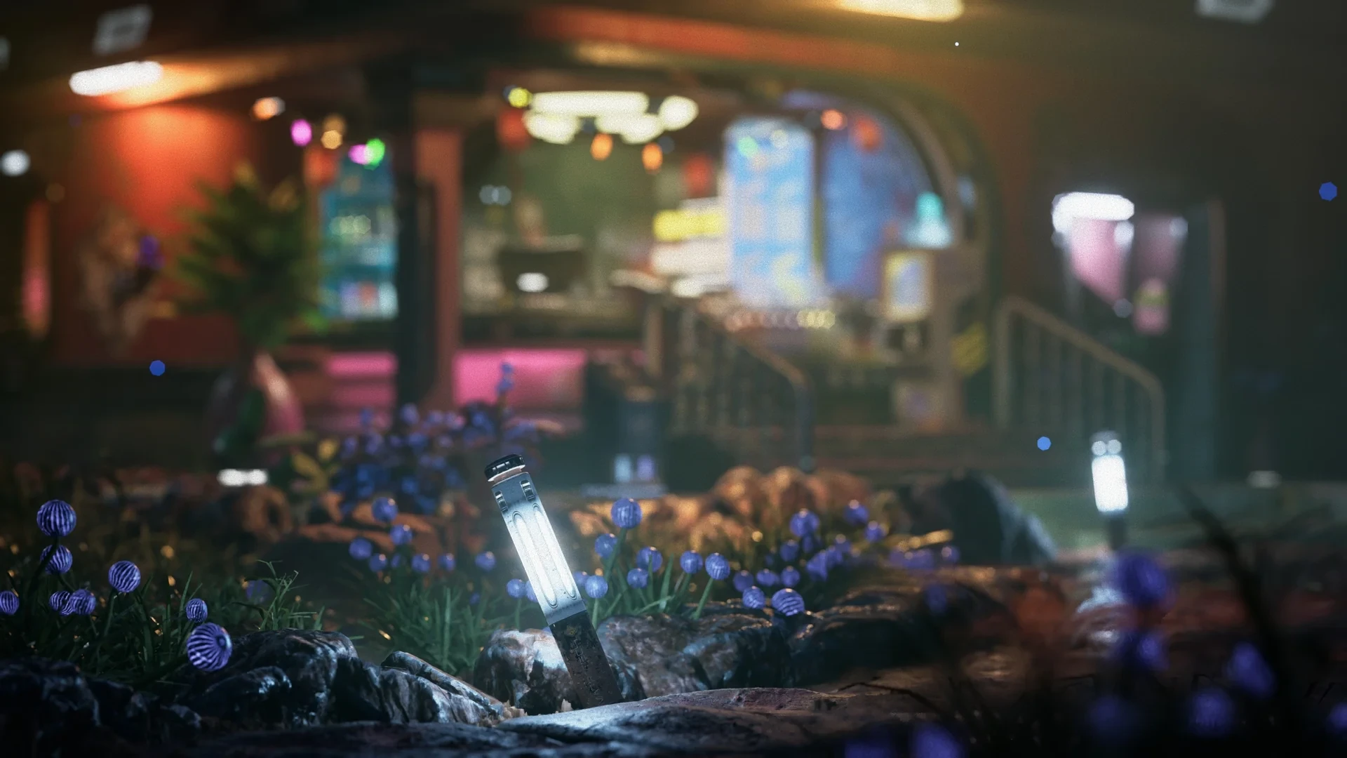 Glowing path light among wet rocks and purple flowers, with the warm food counter blurred behind it