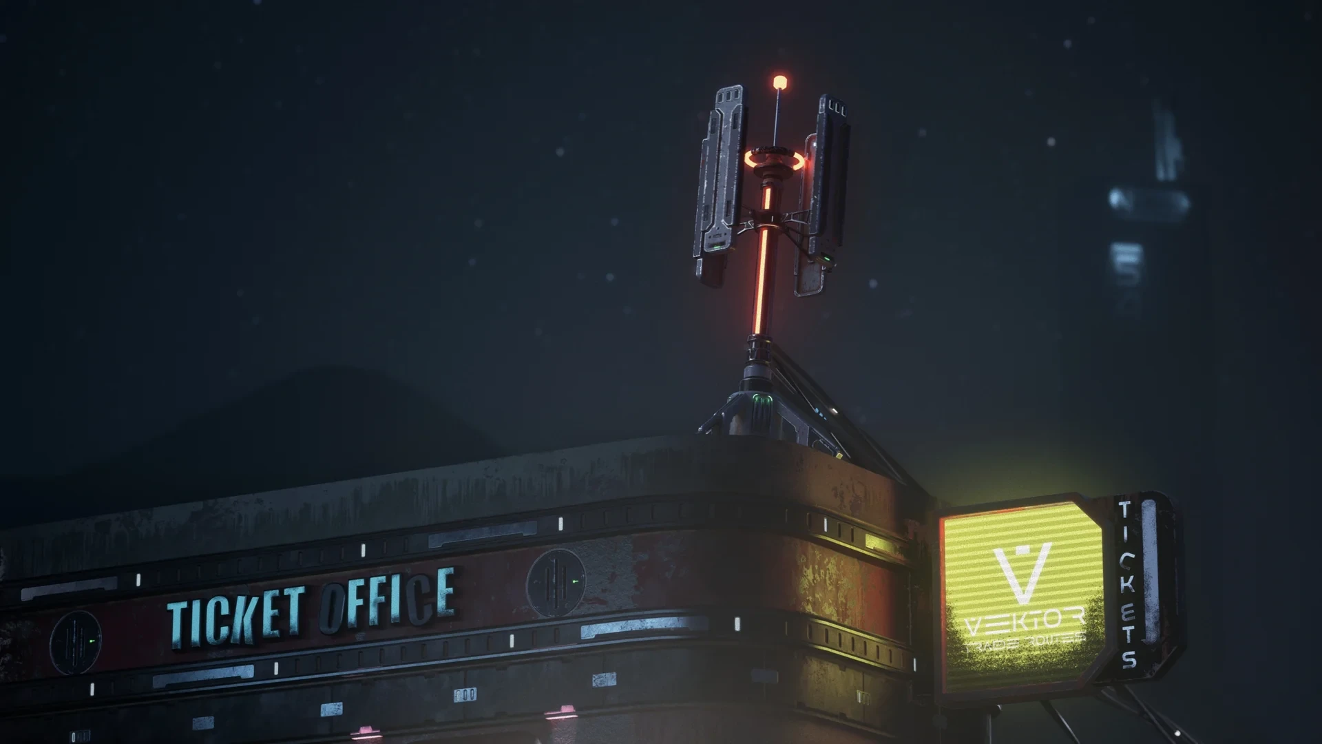 Ticket office lettering, a glowing yellow sign, and a red-lit rooftop antenna against the night sky