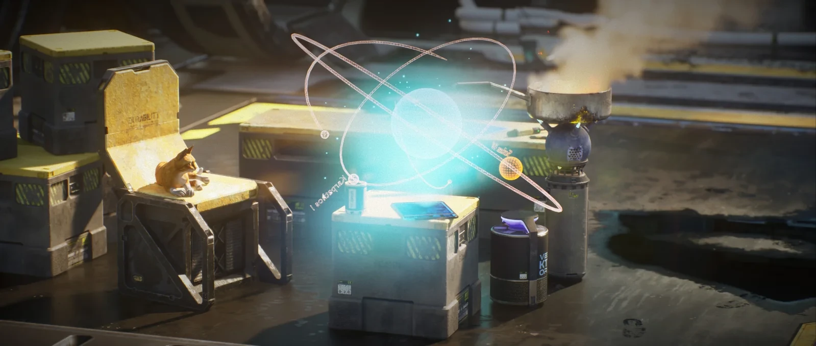 Glowing blue orbital hologram above field crates, between a ginger cat lying on a chair and a steaming cooking pot