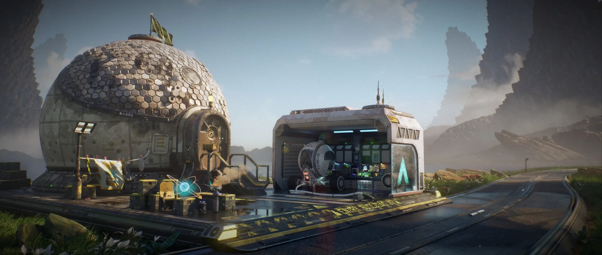 A weathered sci-fi research facility and open workshop in a sunlit rocky landscape