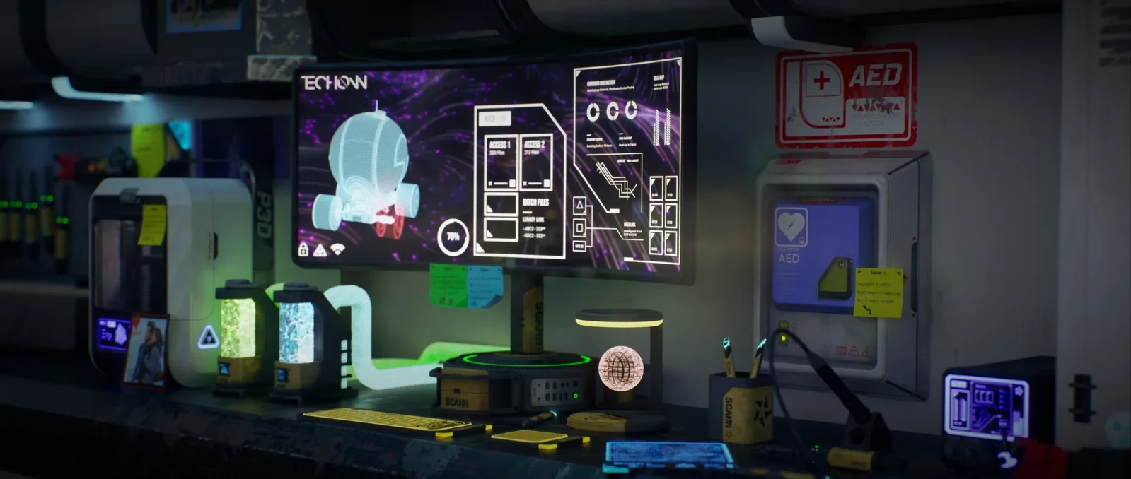 Close view of the research monitor, glowing specimen jars, notes, instruments, and medical equipment
