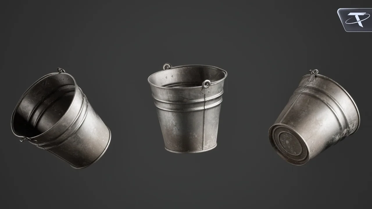 A worn banded pail from three angles