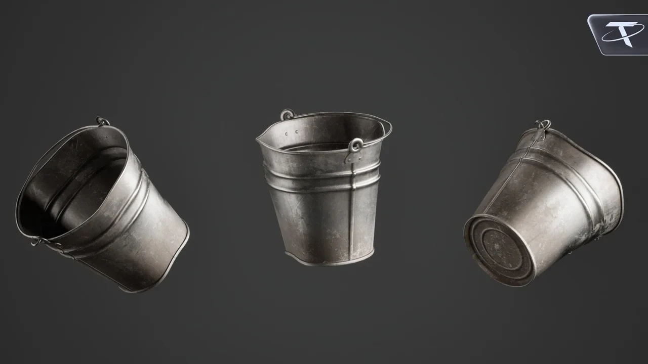 A worn banded pail with a dented rim, from three angles