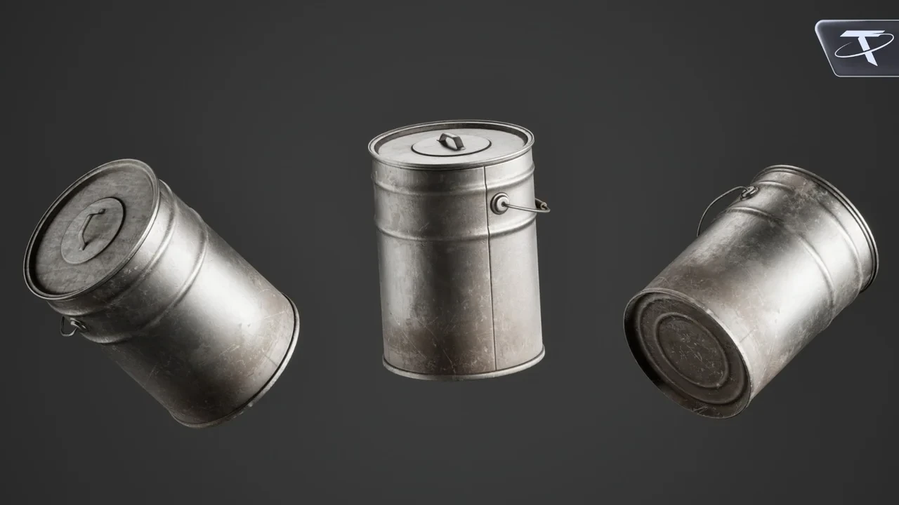 A worn lidded pail from three angles