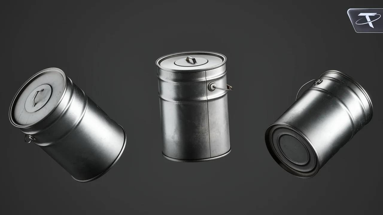 The lidded pail in its clean finish, from three angles