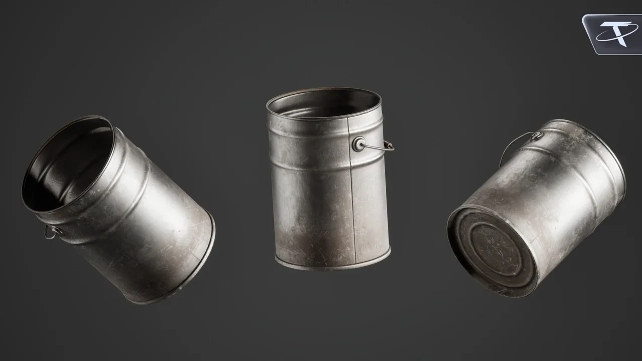 A worn straight-sided pail from three angles