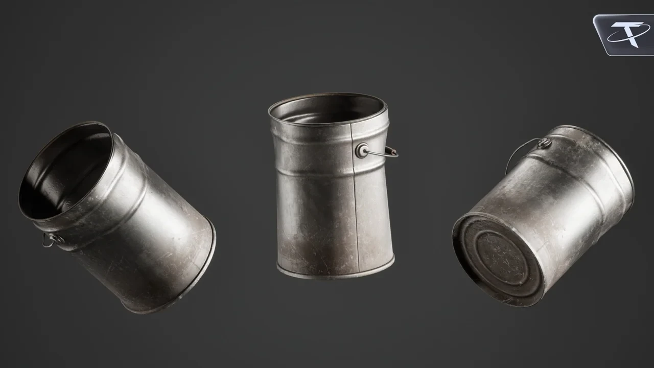 Another worn straight-sided pail, from three angles