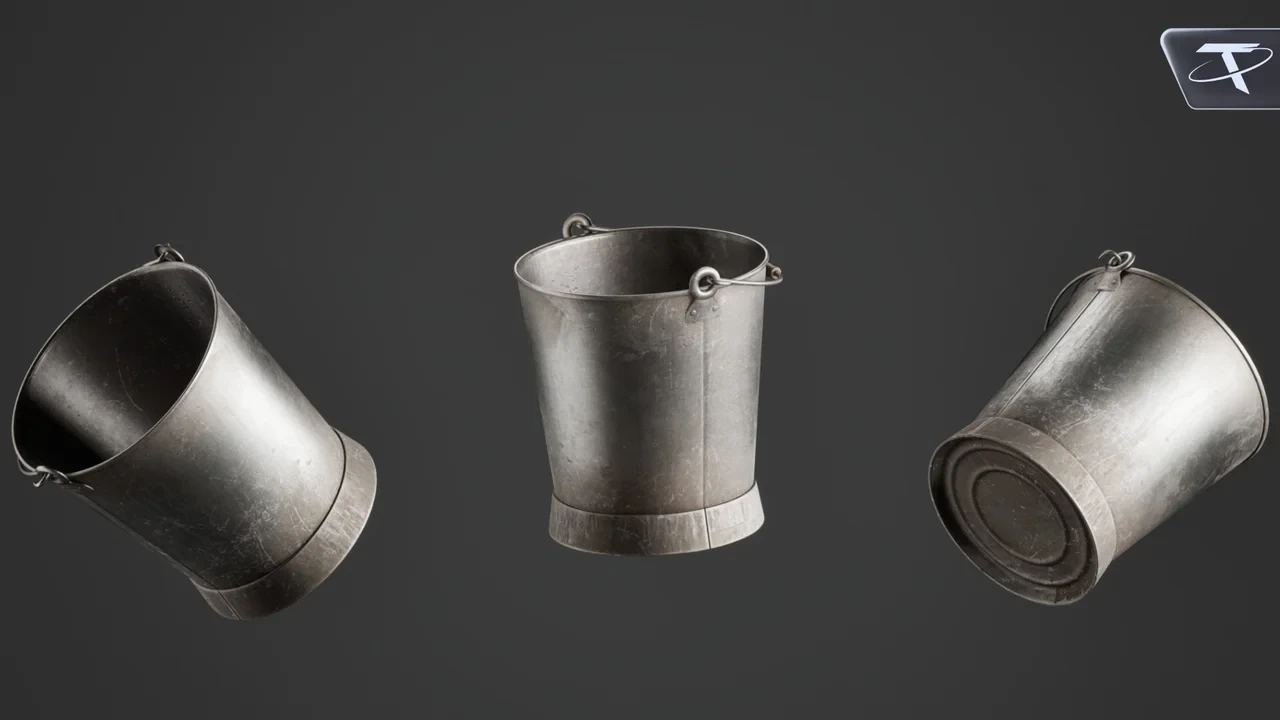 A worn tapered pail with a foot ring, from three angles