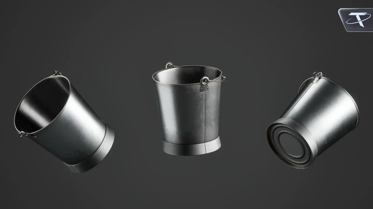 The tapered pail in its clean finish, from three angles