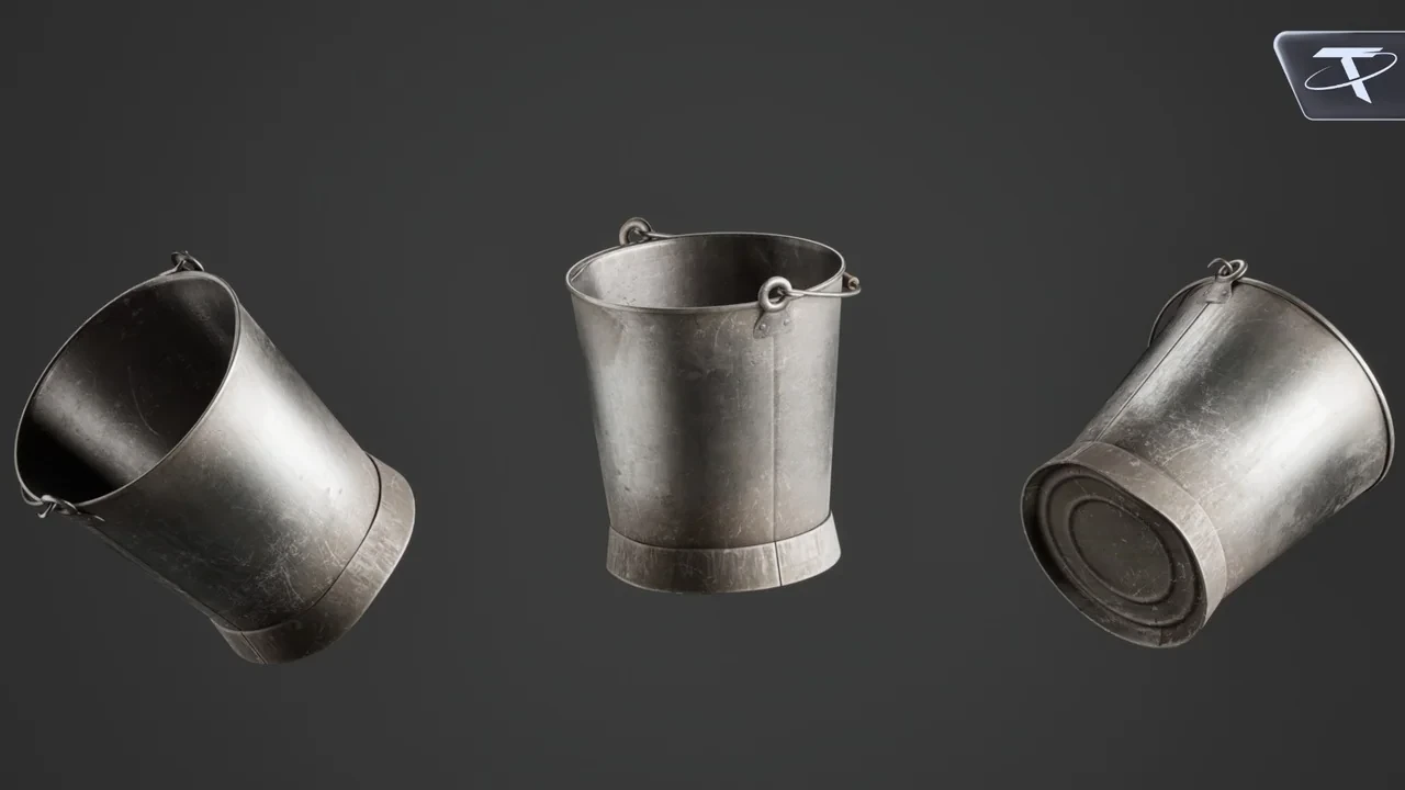 A damaged tapered pail from three angles
