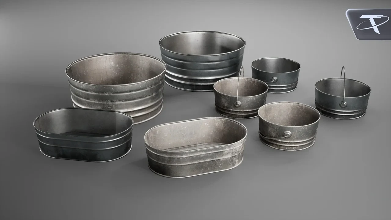 Round, oval and handled galvanized tubs in clean and weathered finishes