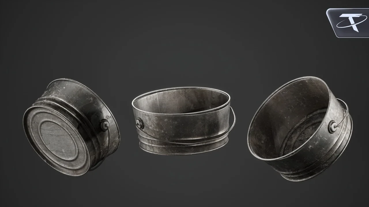 A weathered round pail with a handle, from three angles