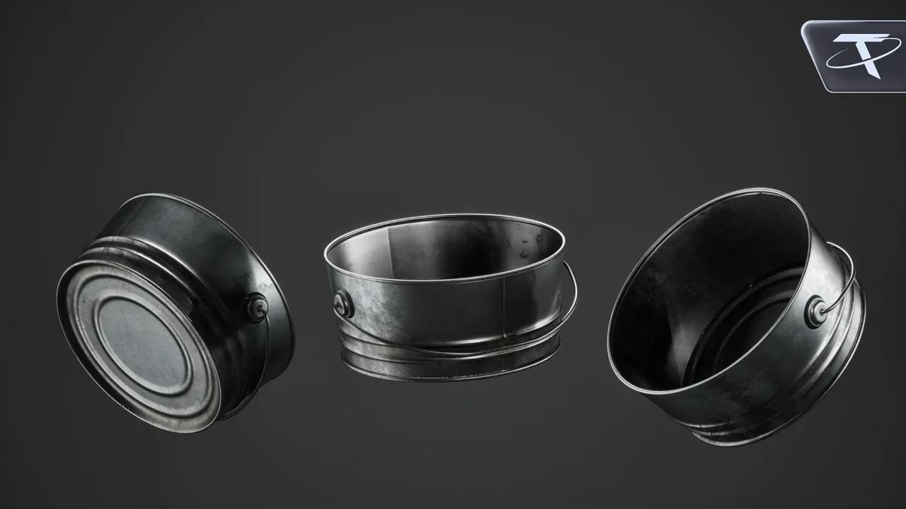 The round pail in its clean finish, from three angles
