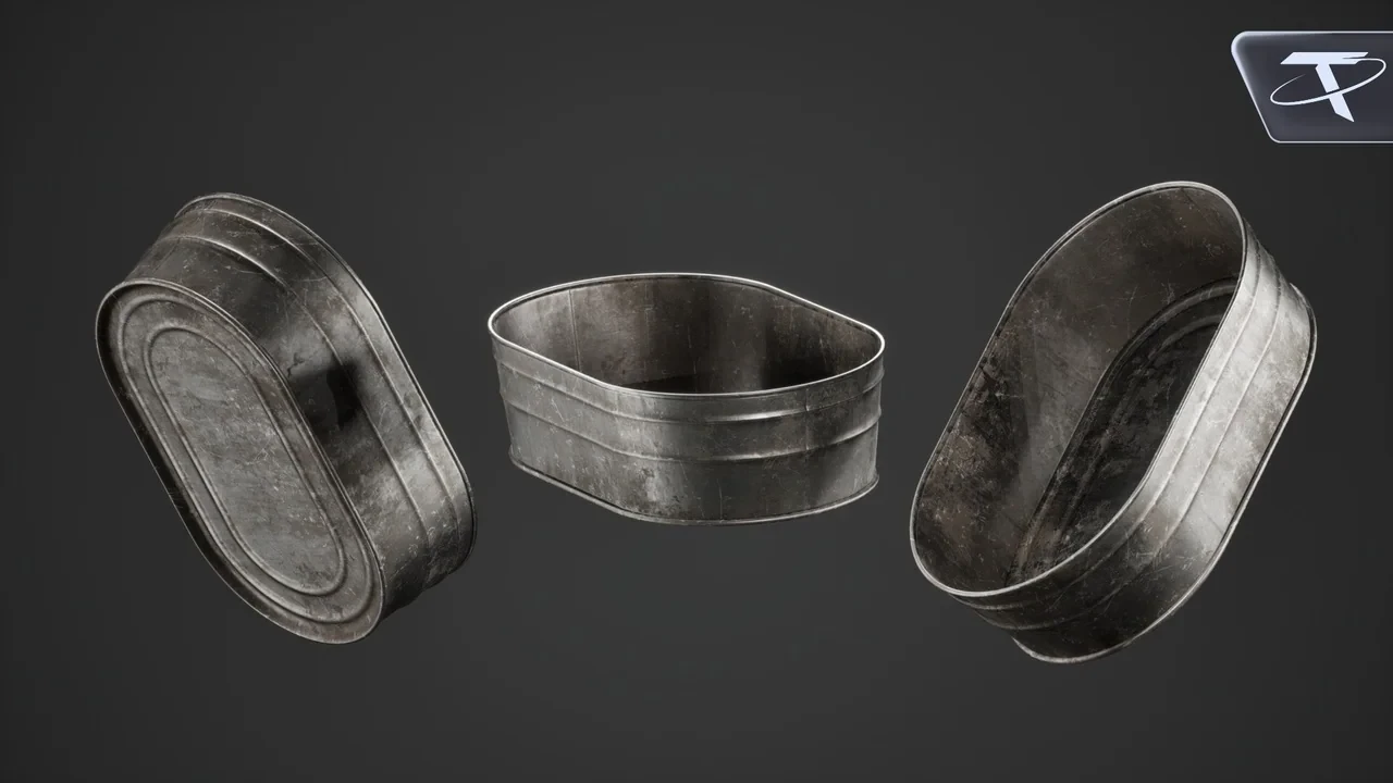A weathered oval tub from three angles