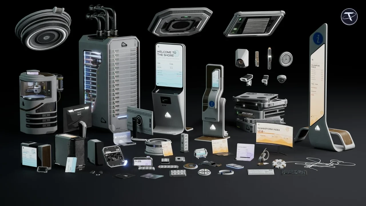 The full Sci-Fi Electronics & Screens lineup on a dark floor