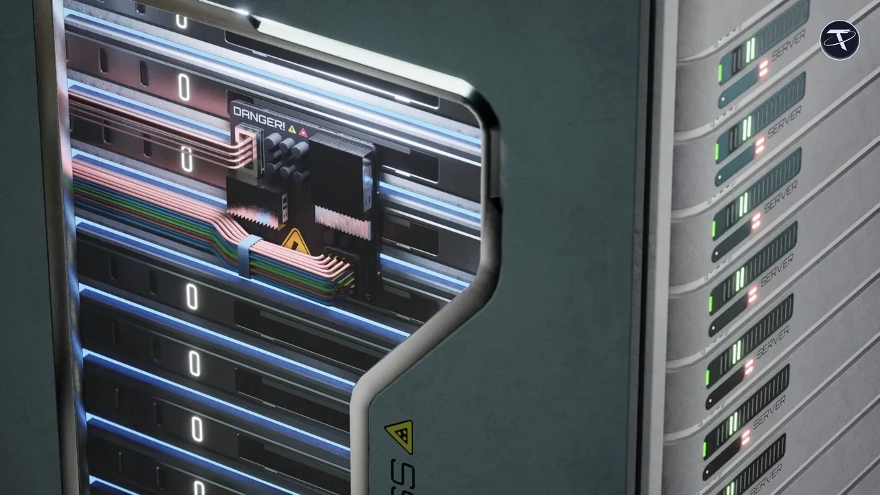 Close-up of a server rack’s glowing panels and warning labels