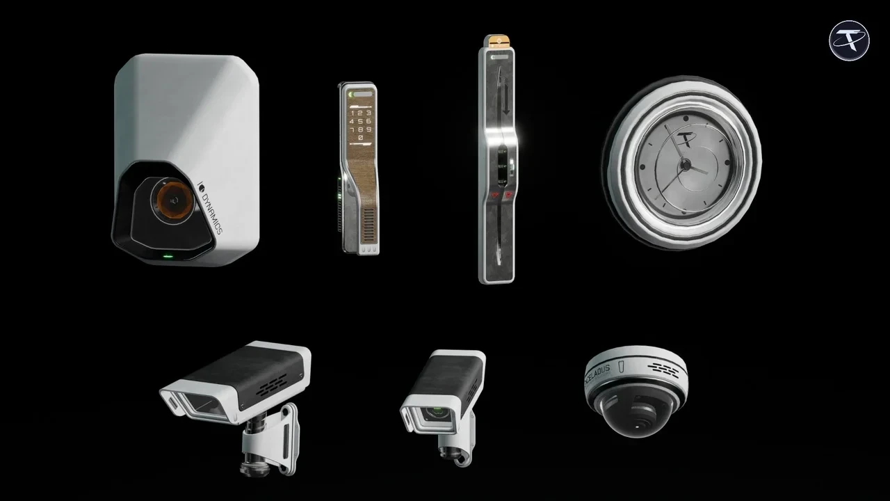Security cameras, a dome camera, door controls and a wall clock