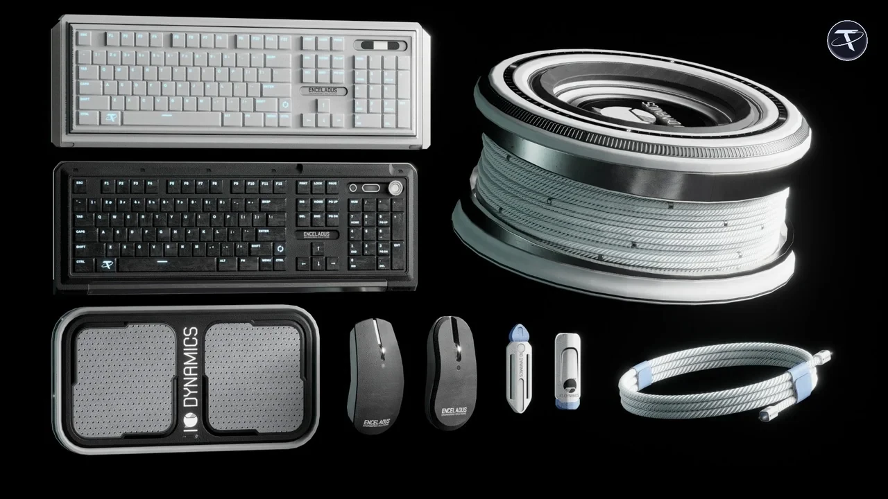 Two keyboards, mice, a cable reel, a USB stick and a desk pad