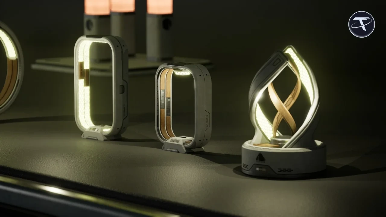Table lamps in rounded frames and a twisted ribbon lamp