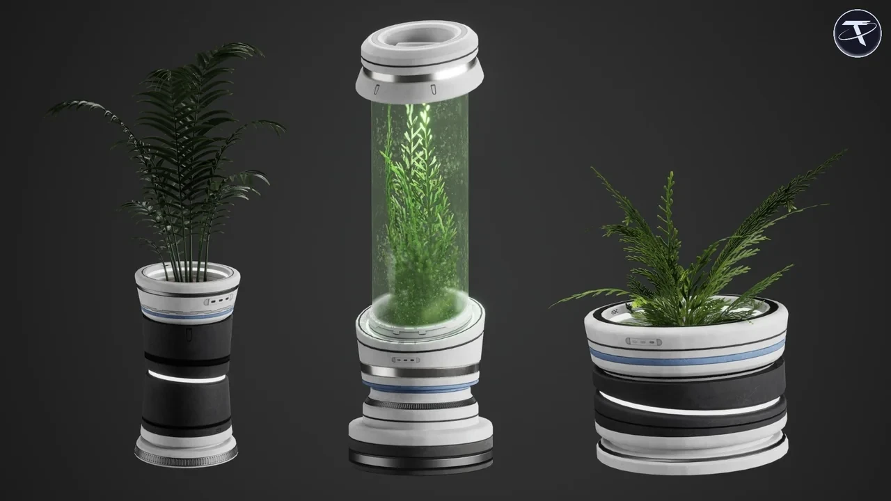 Two floor pots and a glass grow tube with a plant inside