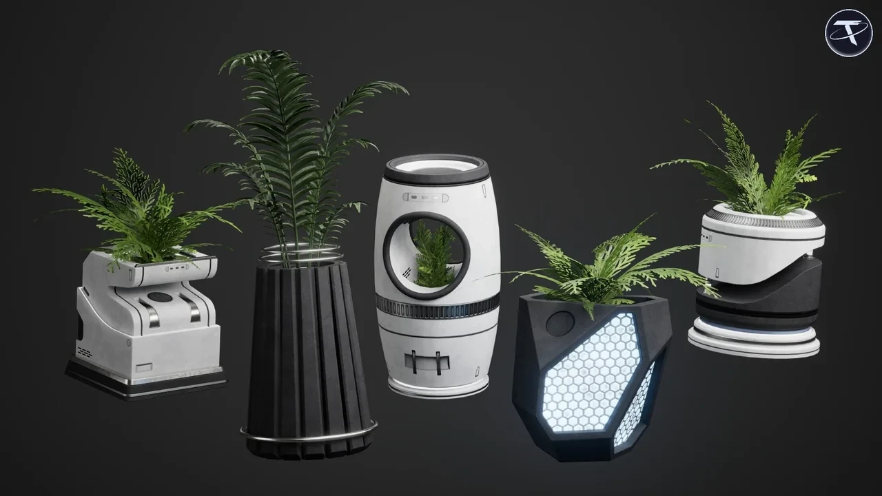 Five planters in different shapes, one with a glowing hex panel
