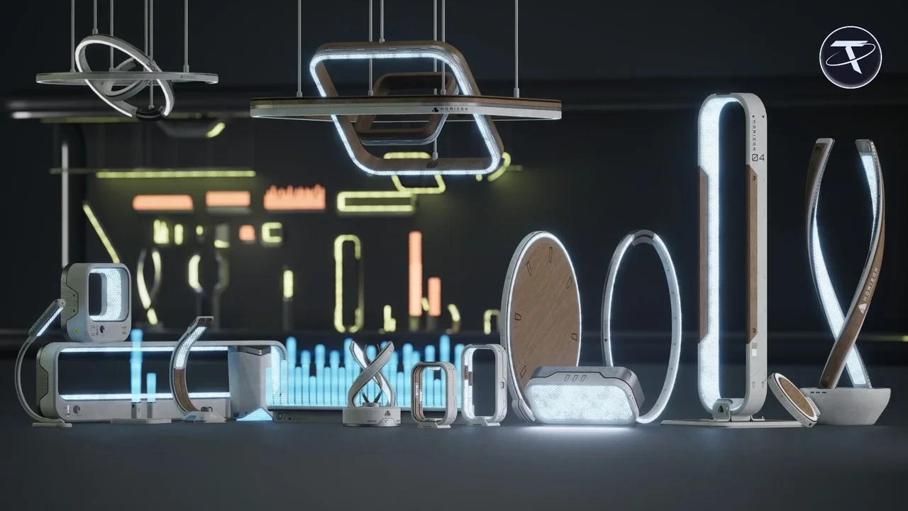 Sci-Fi Lamps & Lights lit up on a dark wall: ring pendants, light strips, floor and table lamps