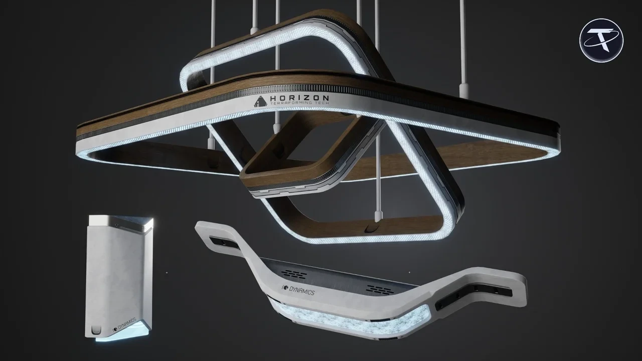 A suspended square ring light with wood trim above a wall light and a curved ceiling light