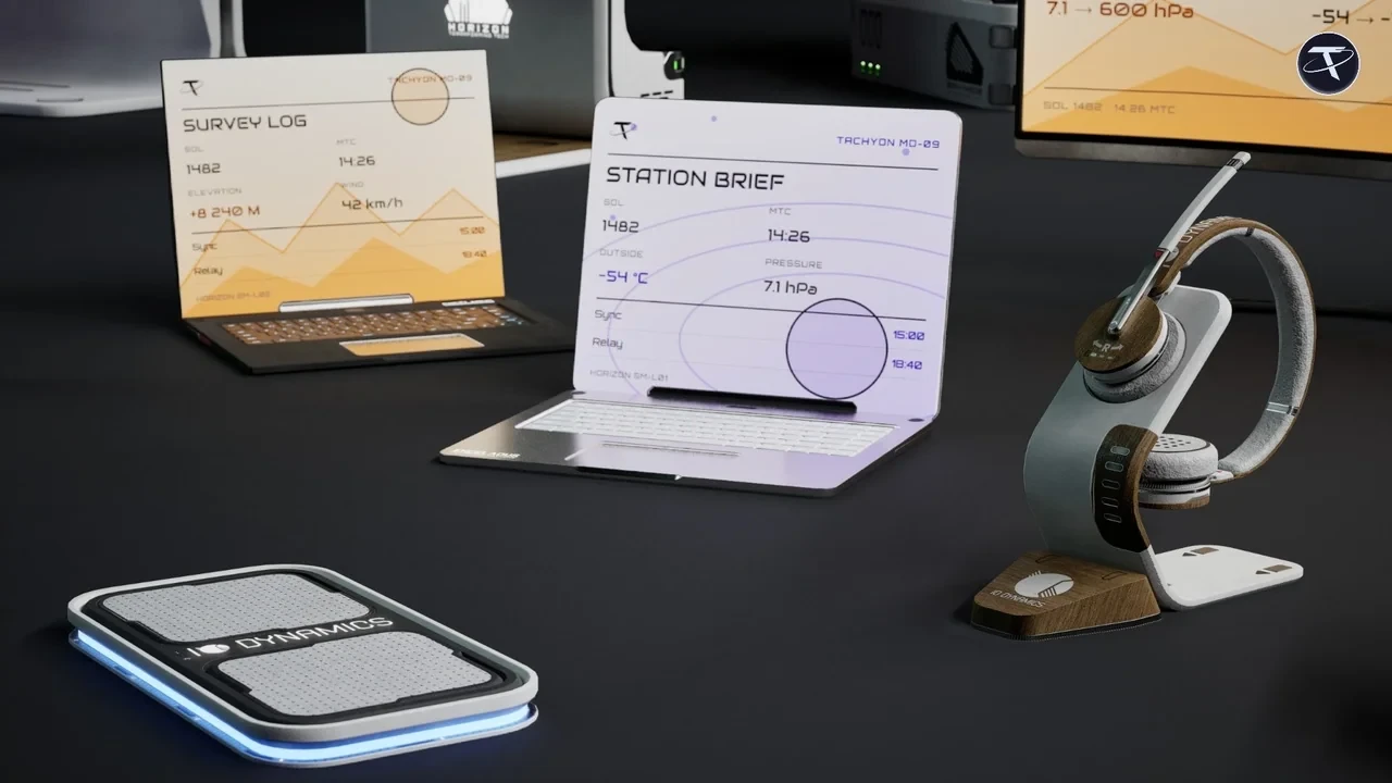 Laptops showing survey and station-brief screens beside a desk pad and a headset on a stand