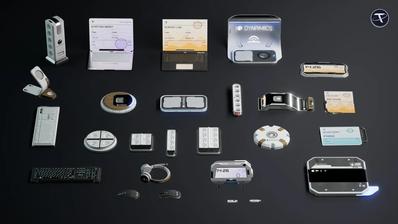 Small electronics laid out on a dark floor: tablets, pads, switches and cards