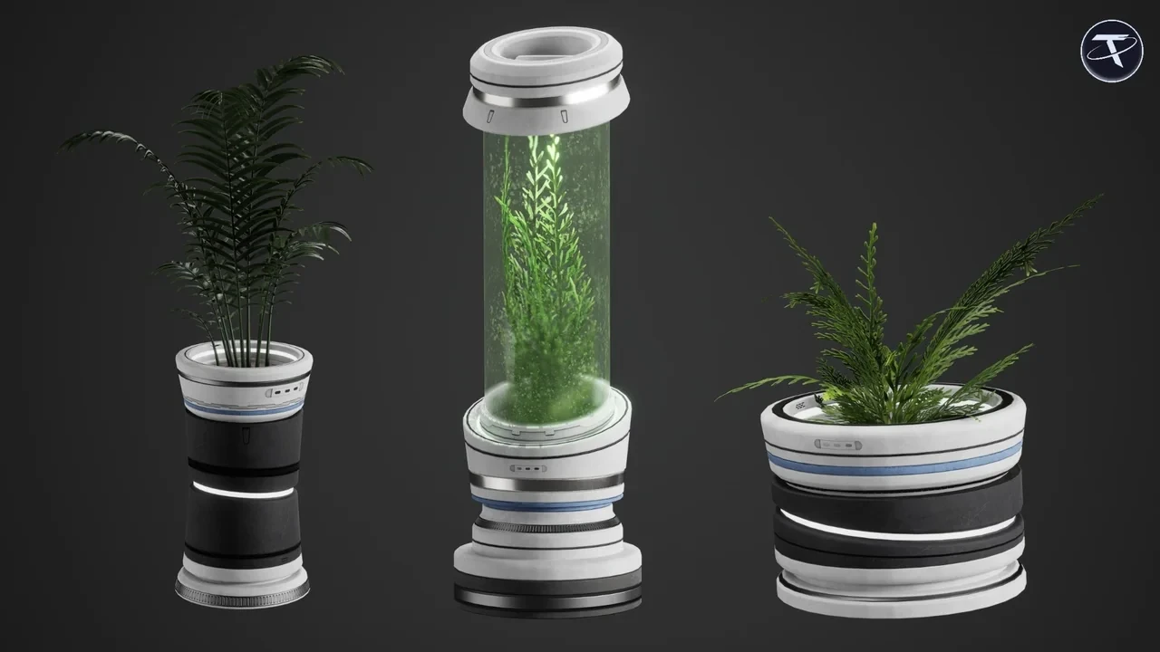 Two floor pots and a glass grow tube with a plant inside