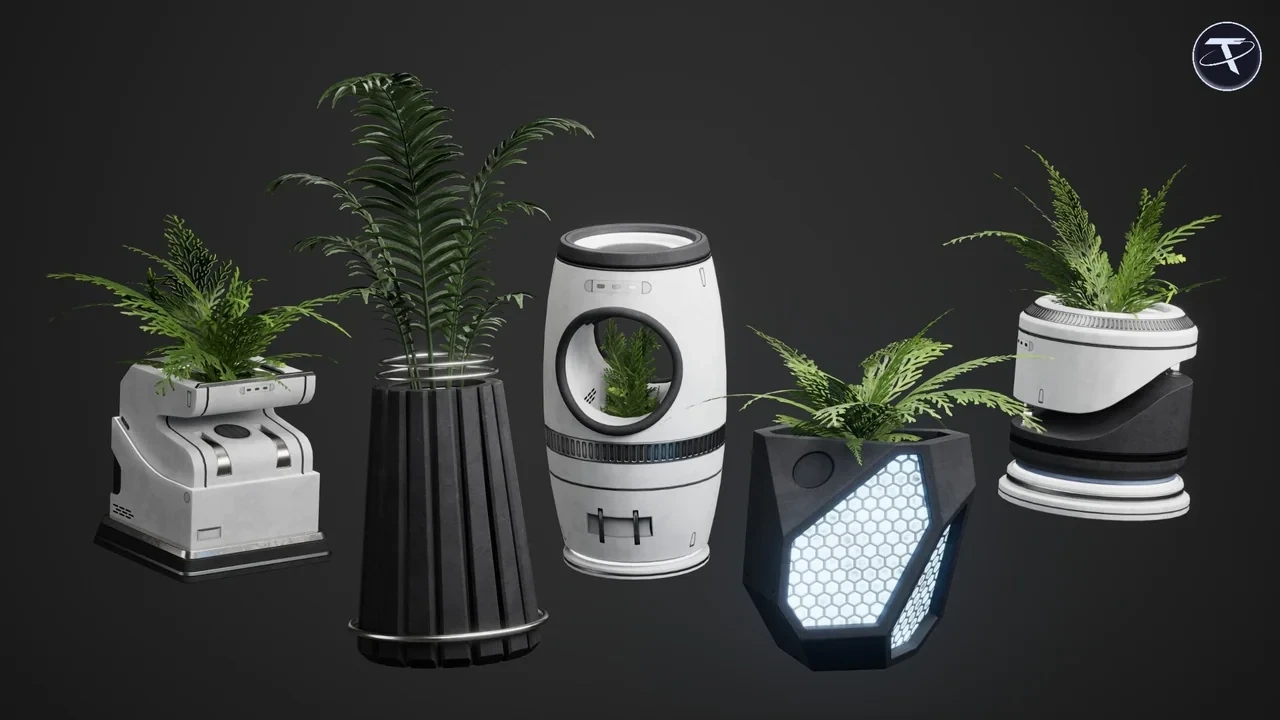 Five planters in different shapes, one with a glowing hex panel