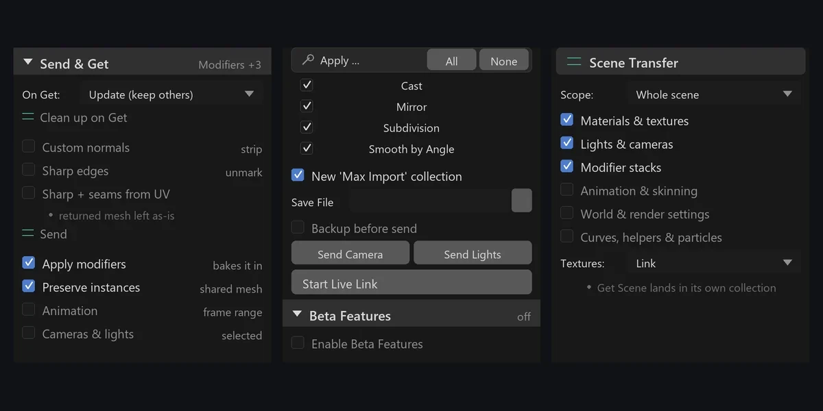 3ds Max Bridge panels for Send & Get cleanup, modifiers to apply and whole-scene transfer options