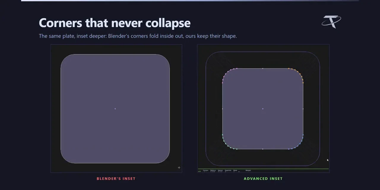 Blender’s Inset beside Advanced Inset, where the rounded corners keep their shape instead of collapsing