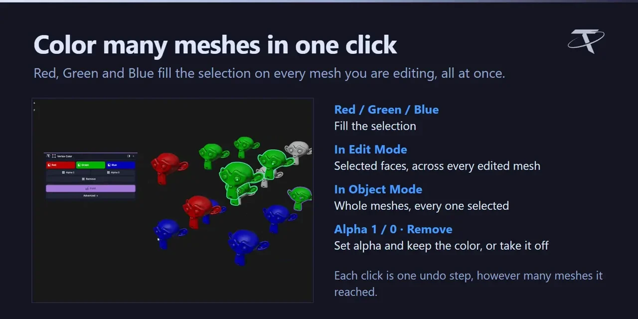 Several meshes filled with vertex color in a single click