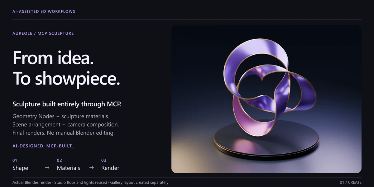 A purple and gold ribbon sculpture, modeled, shaded and rendered in Blender entirely through MCP