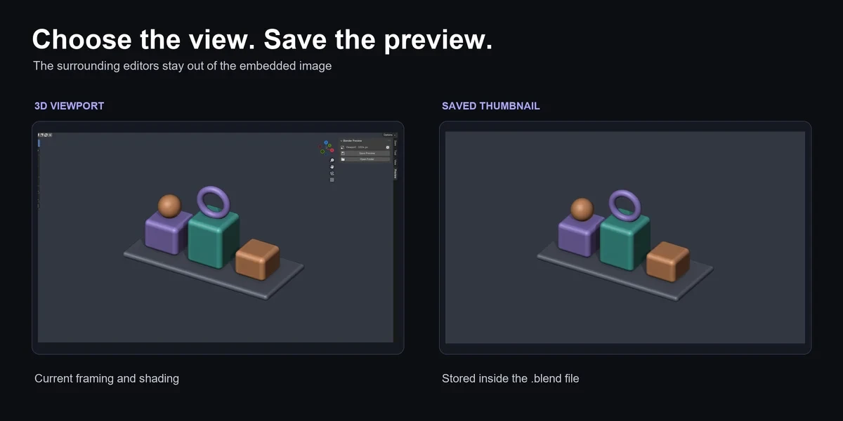 A framed 3D view in Blender beside the thumbnail stored in the .blend file, without the surrounding editors
