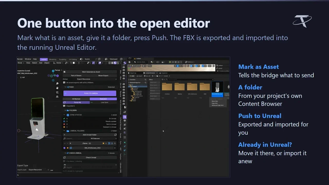 An asset sent from Blender into the open Unreal Editor with one button