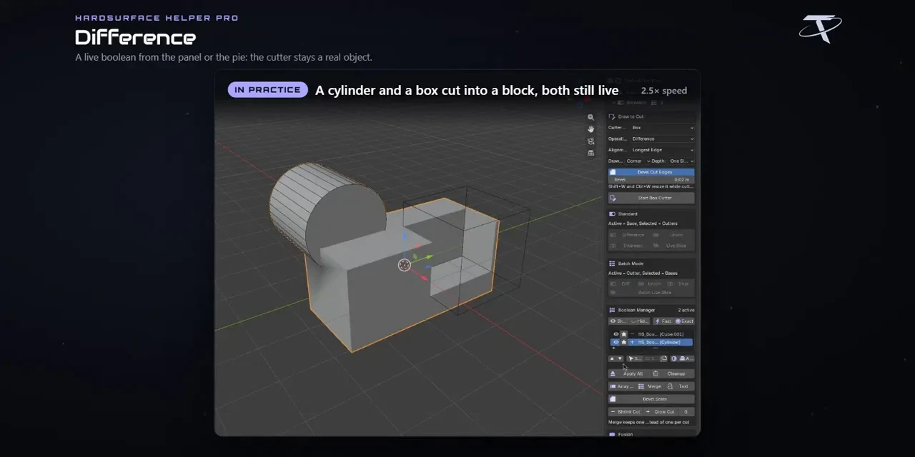 A cutter subtracted from the active base mesh, with the Difference cut left editable