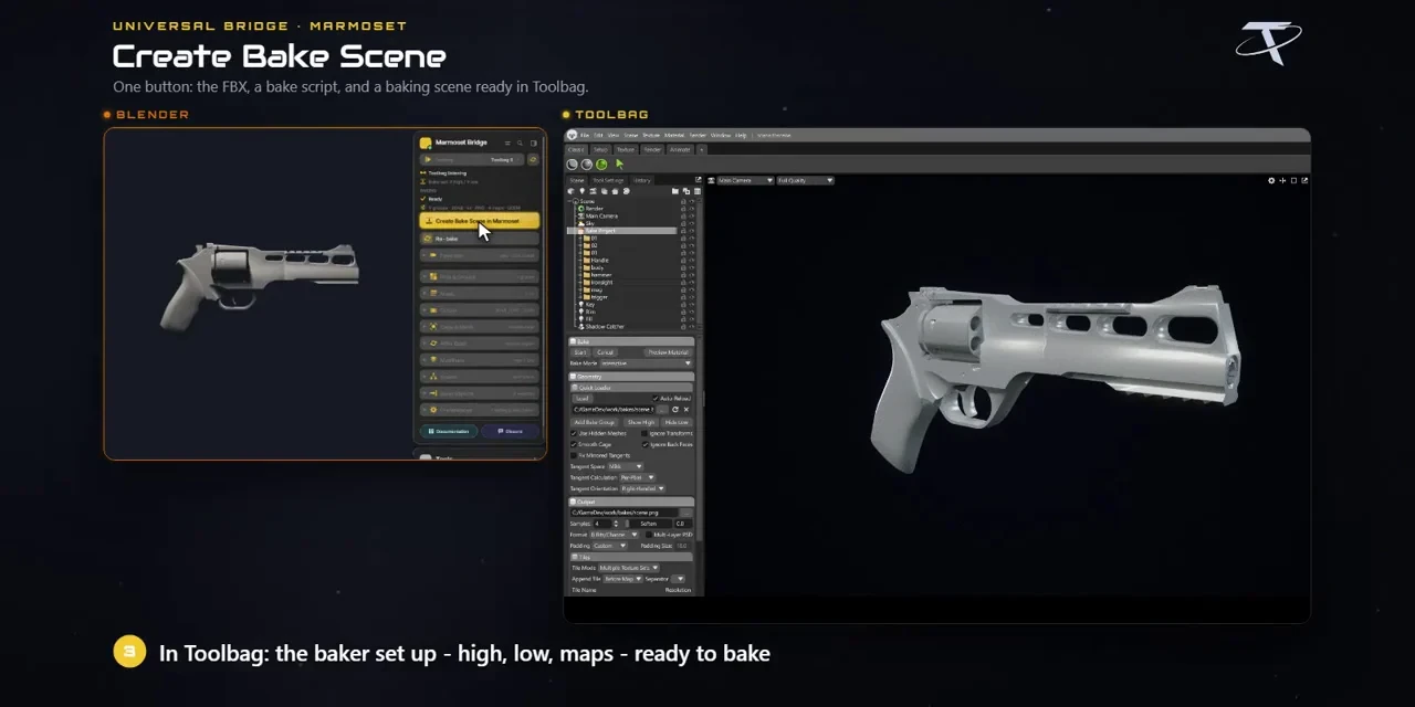 Blender meshes sent into a Marmoset Toolbag bake scene from the bridge sidebar
