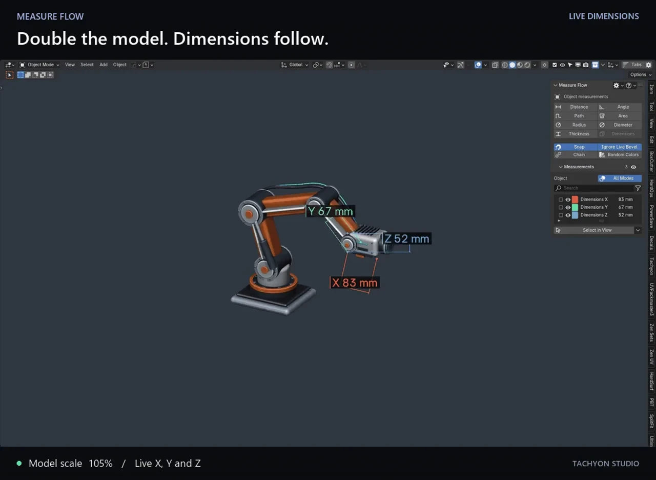 An inspection arm scaled from 100% to 200% while its X, Y and Z dimensions update live
