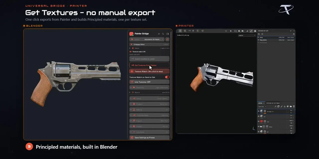 A revolver textured in Substance 3D Painter, its maps brought back to Blender as Principled materials