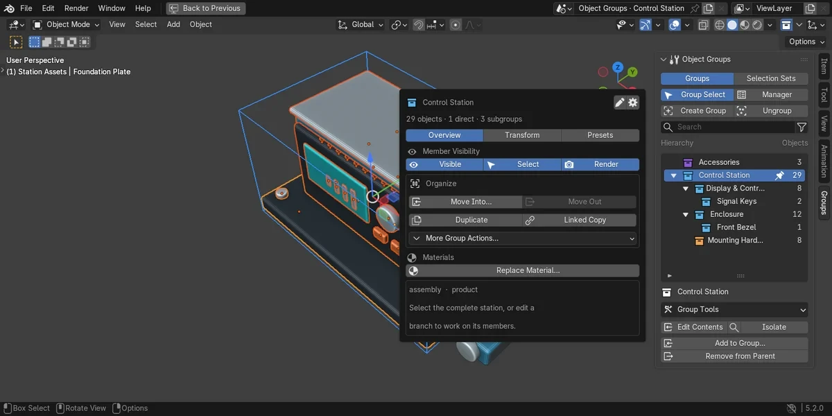 A control station assembly selected as one group, its nested hierarchy listed in the Groups tab