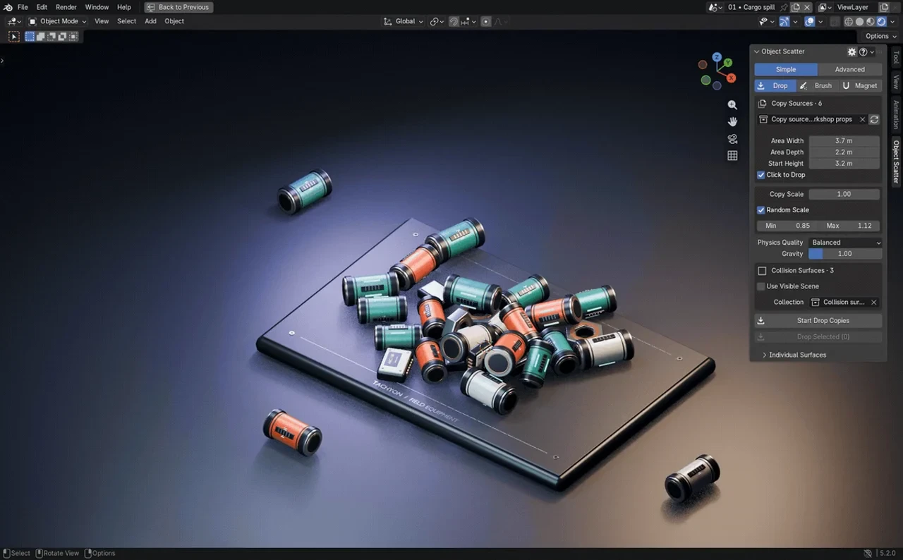 Power cells drop into the scene, collide and settle into a pile before the placement is confirmed