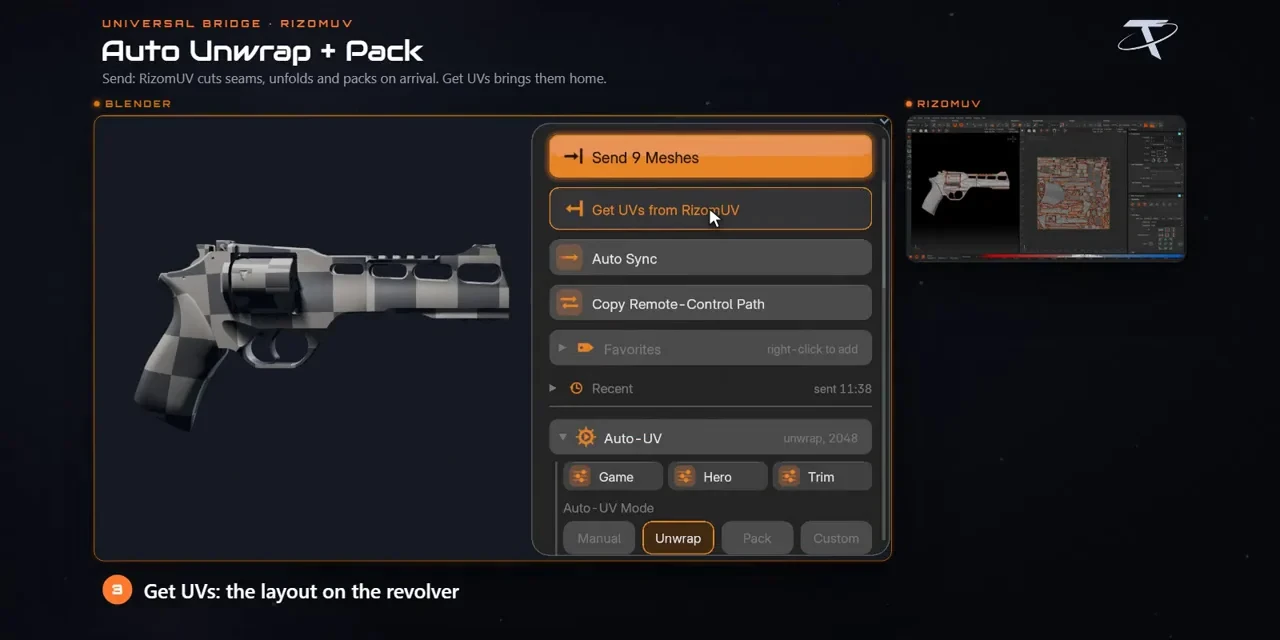 Meshes sent from Blender, unwrapped and packed in RizomUV, then returned with Get UVs