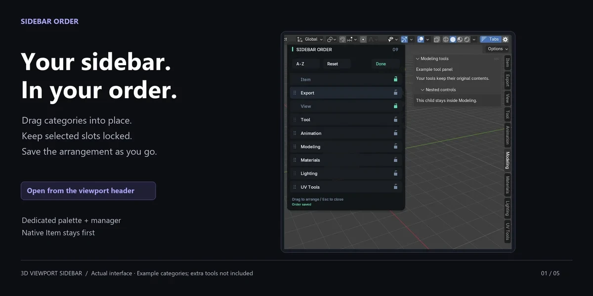 The Sidebar Order palette with the Item and View tabs locked and the other categories ready to drag