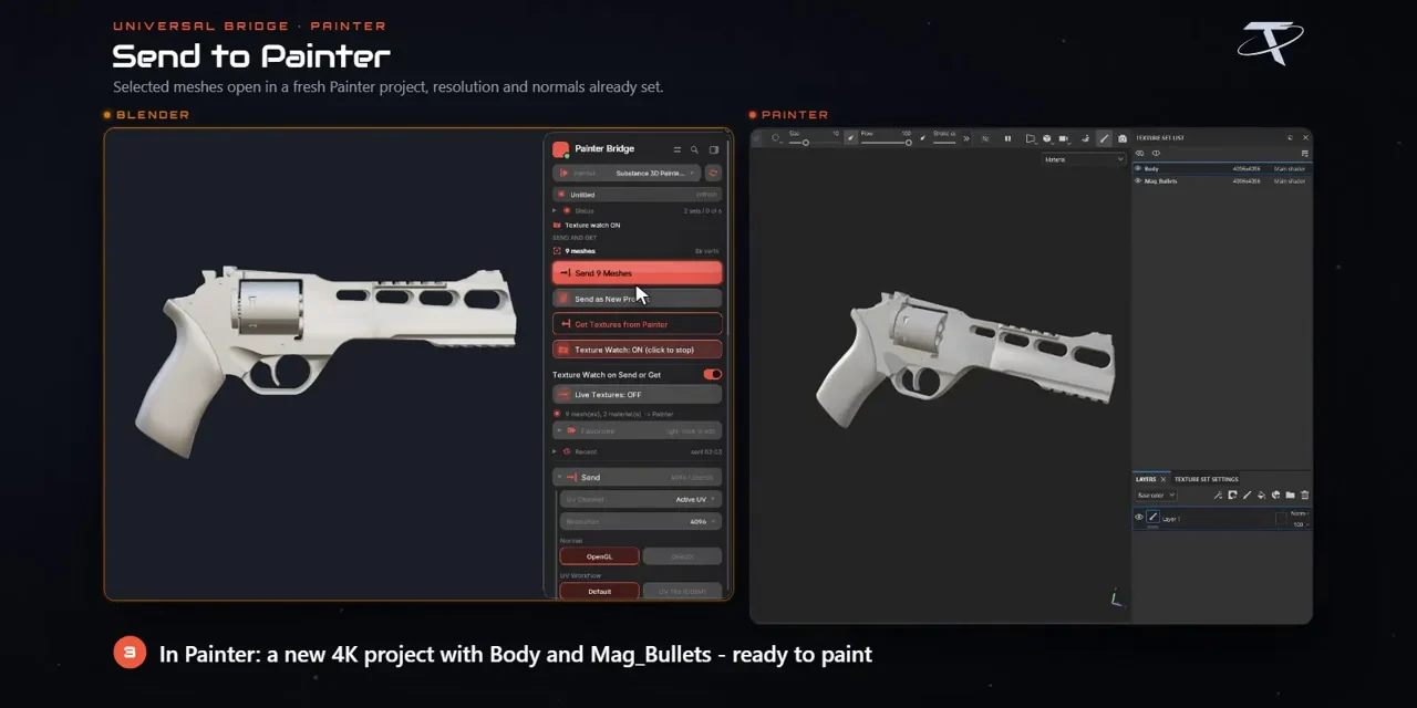 Selected Blender meshes sent to Substance 3D Painter from the bridge panel